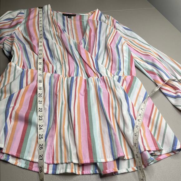 Lane Bryant‎ Faux Wrap Top Peplum Blouse V-Neck Elastic Cuff Stripe Rainbow 16 - Picture 11 of 11